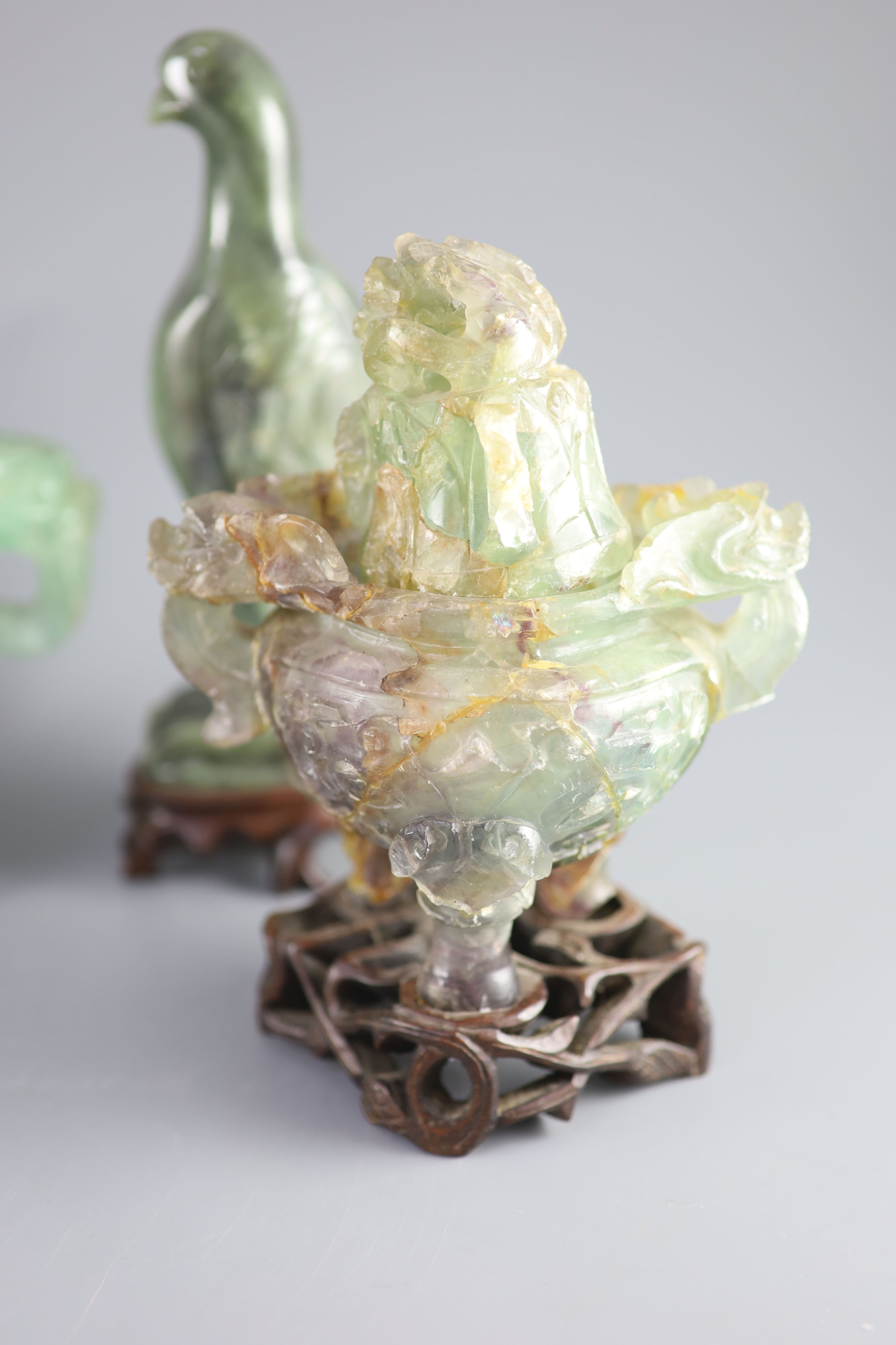 A large Chinese green quartz tripod censer, a Chinese green jade tripod censer, incomplete,